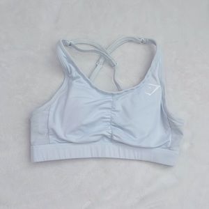 Light blue ruched gumshark sports bra